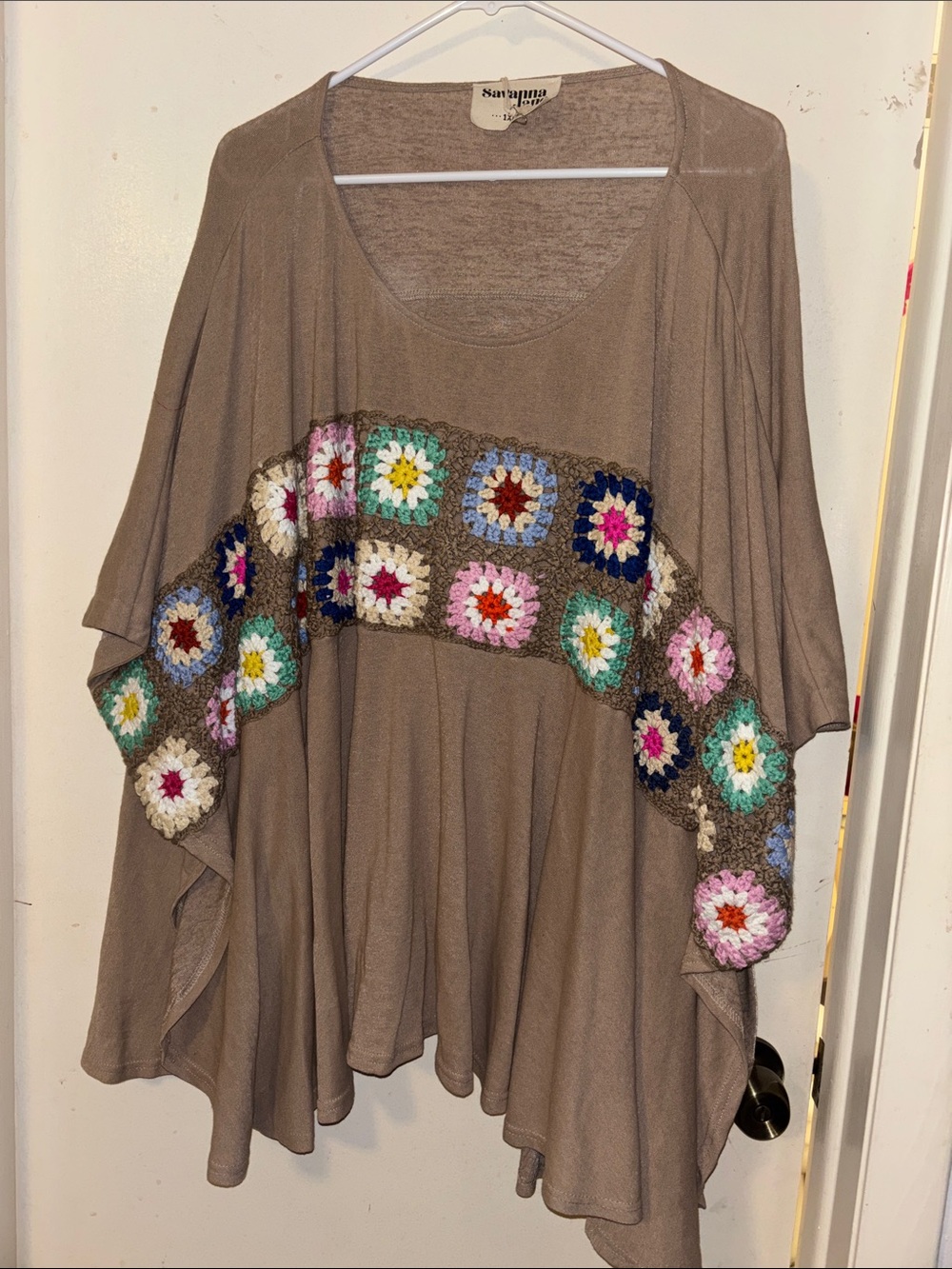 Savanna Jane Taupe Poncho Tunic with Multicolor Crochet Squares